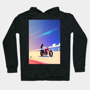 JAPANESE GIRL COOL RETRO MOTORCYCLE ON THE BEACH Hoodie